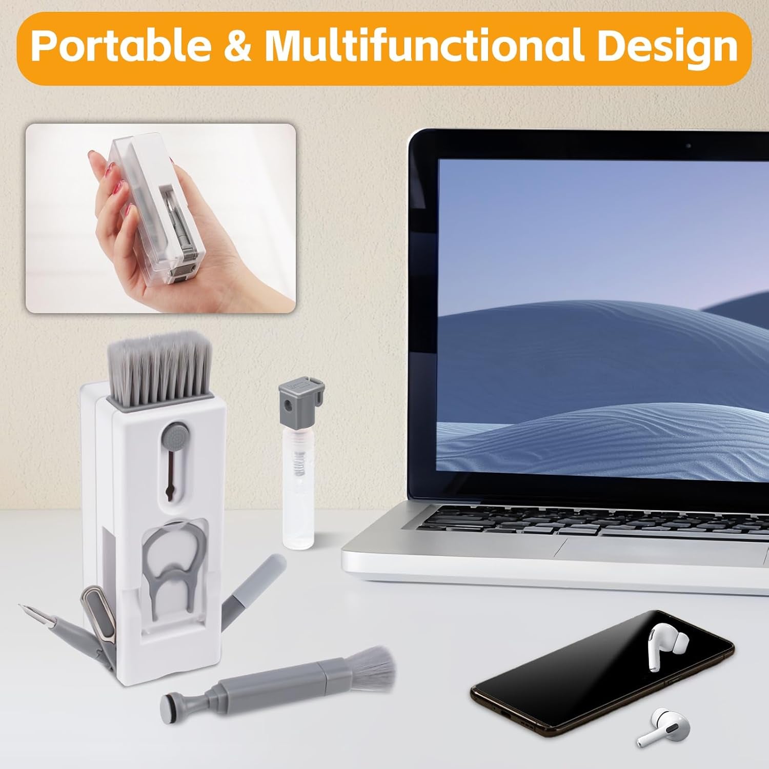 Alyvisun 11 En 1 Kit Limpieza PC Multifuncional, Cepillo De Limpiador Teclado Con Extractor De Teclas, Para Laptop, Teléfonos, Auriculares, Gris