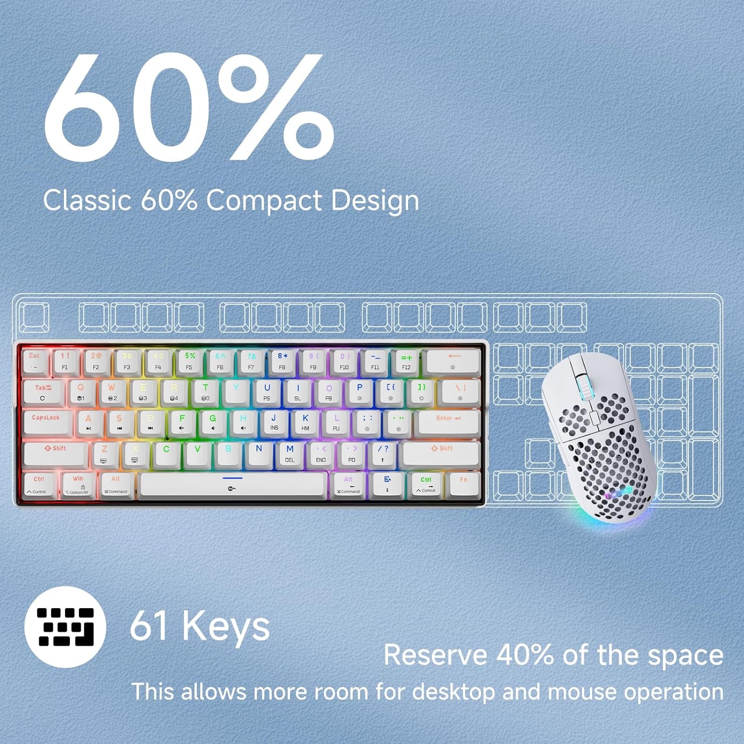 K61SE Teclado Mecánico Gaming, 60% Teclado Compacto De 61 Teclas RGB Retroiluminación N-Key Rollover USB Cable Teclado Oficina Con Interruptor Rojo Para Mac Windows-Us Layout, Blanco