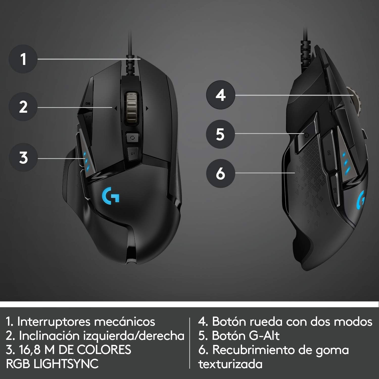 Logitech G502 HERO Ratón Gaming Con Cable Alto Rendimiento, Captor HERO 25K, 25,600 DPI, RGB, Peso Personalizable, 11 Botones Programables, Memoria Integrada, Pc/Mac - Negro