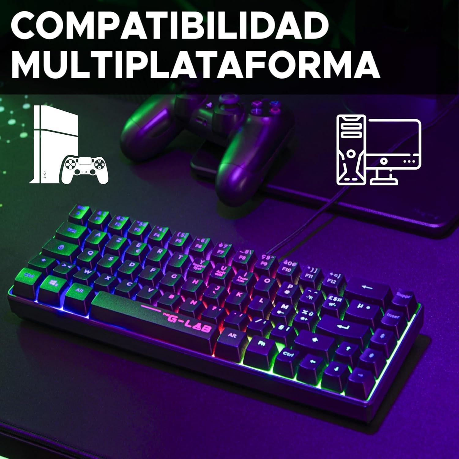 The G-Lab Keyz Hydrogen - Teclado Gaming Qwert - Incluye Ñ - Teclado Para Juegos Semi Mecanico - Teclado Gamer 60%, Retroiluminación Multicolor - Mini Teclado Gamer Silencioso, Para PC,PS4,PS5