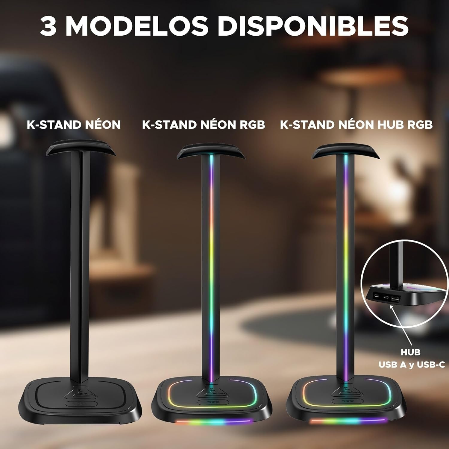 The G-Lab K-Stand Neon RGB HUB – Soporte Auriculares Con Iluminación RGB – Soporte Cascos Gaming Con HUB USB-A/USB-C Y Botón On/Off | Accesorio Gaming Para PC PS5 Xbox Switch – Regalo Gamer | Nuevo