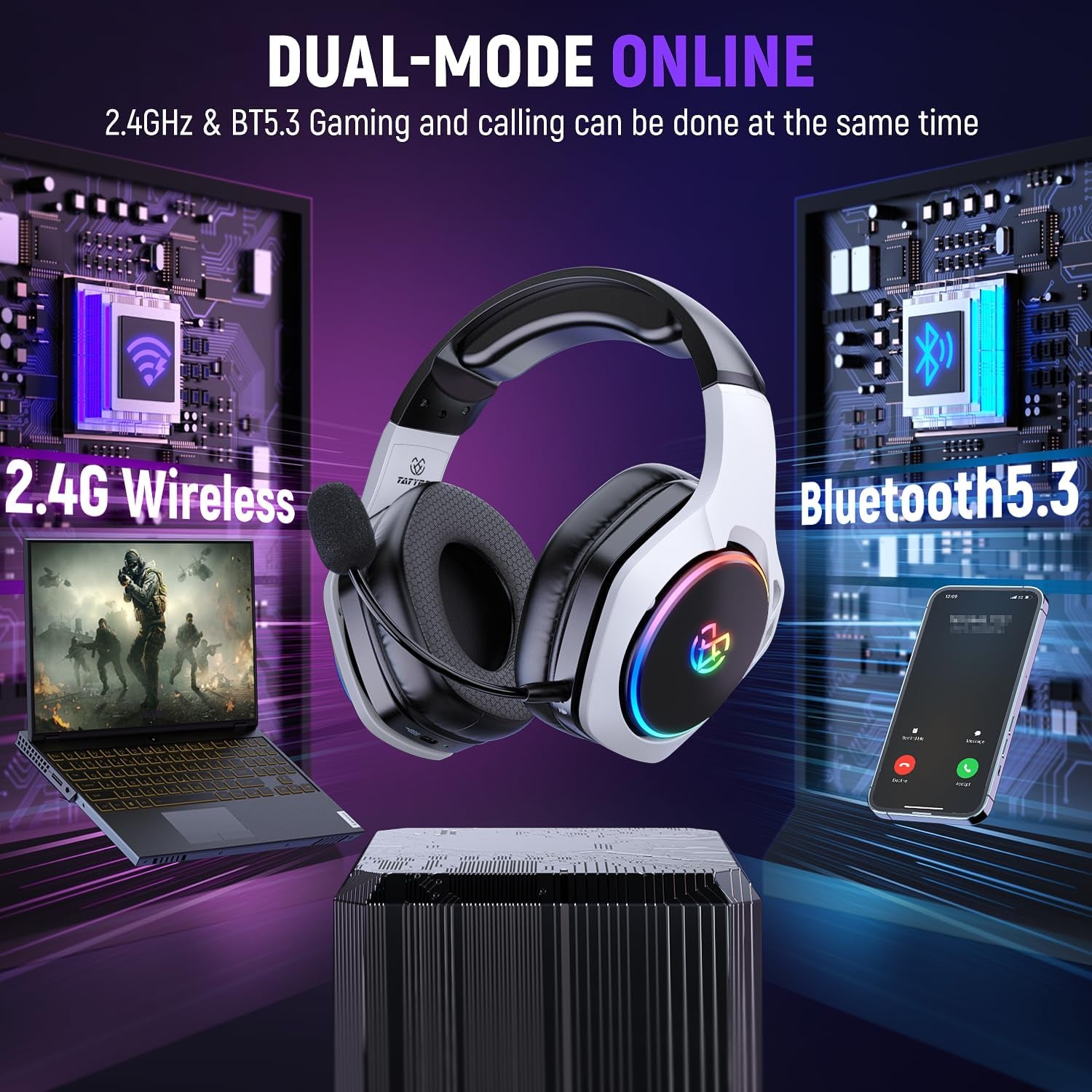 Tatybo Auriculares Gaming Inalámbricos Para Pc/Ps5/Ps4, Cascos Gaming Inalámbricos Con Micro 2.4 Ghz+5.3 Bluetooth Modo Dual, 7.1 Sonido Envolvente, Duración 40Hr+