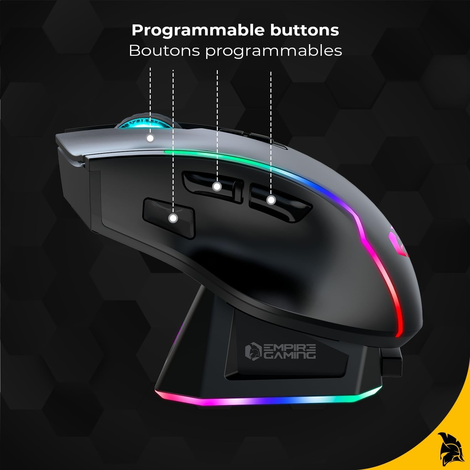 Empire Gaming RF908 - Ratón Inalámbrico Recargable Con Estación De Carga Magnética RGB – 10000 DPI 8 Botones Programables Modos Wifi 2.4 Ghz, Bt/Cable Vía USB-C (Negro)