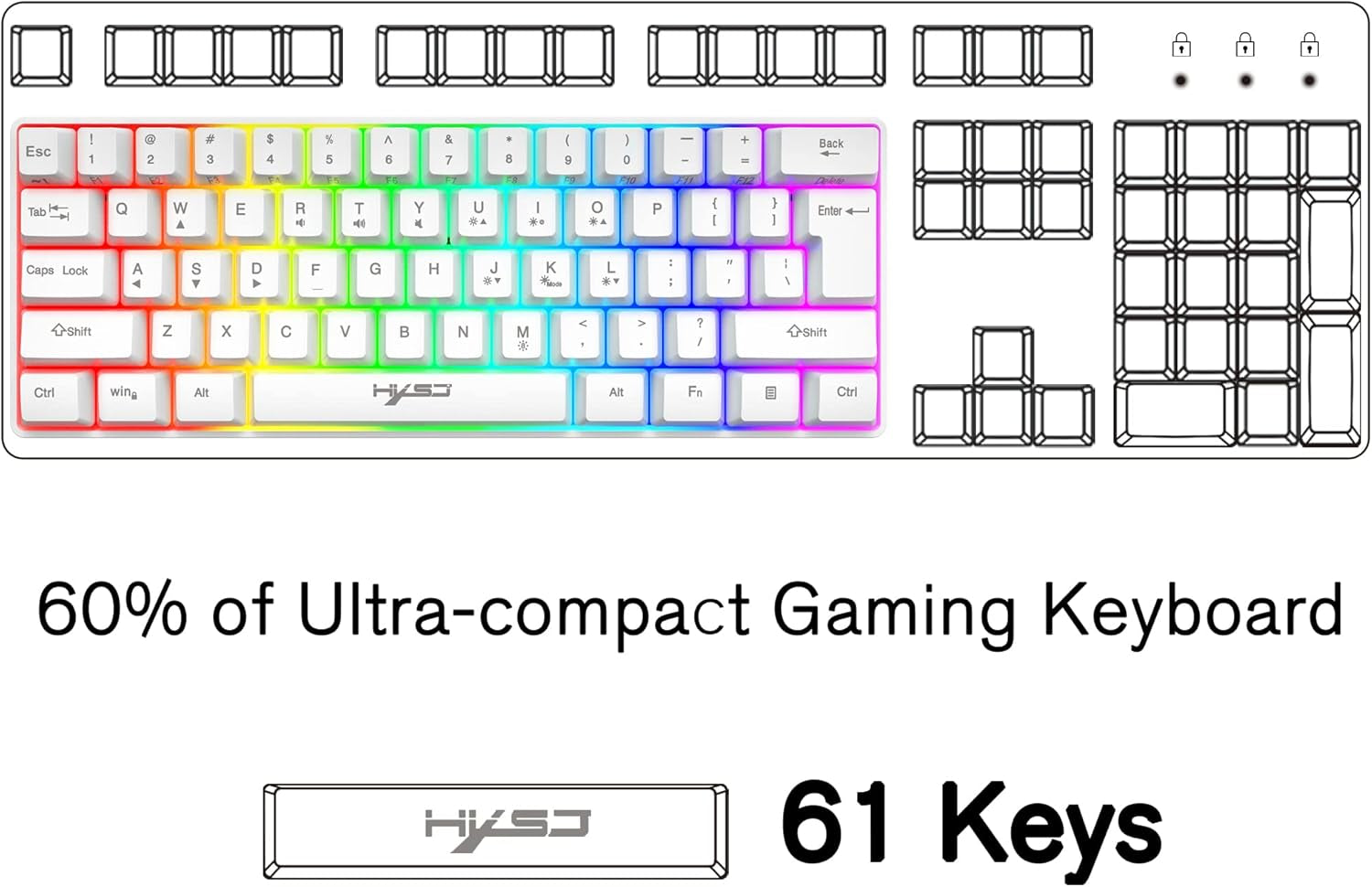 Teclado Compacto Para Juegos 60% Cableado 61 Teclas 11 Efectos De Luz De Fondo RGB Con Teclas Completas Anti-Efecto Fantasma + Ratón De Nido De Abeja Ligero Con Cable De 2400 Ppp+Alfombrilla