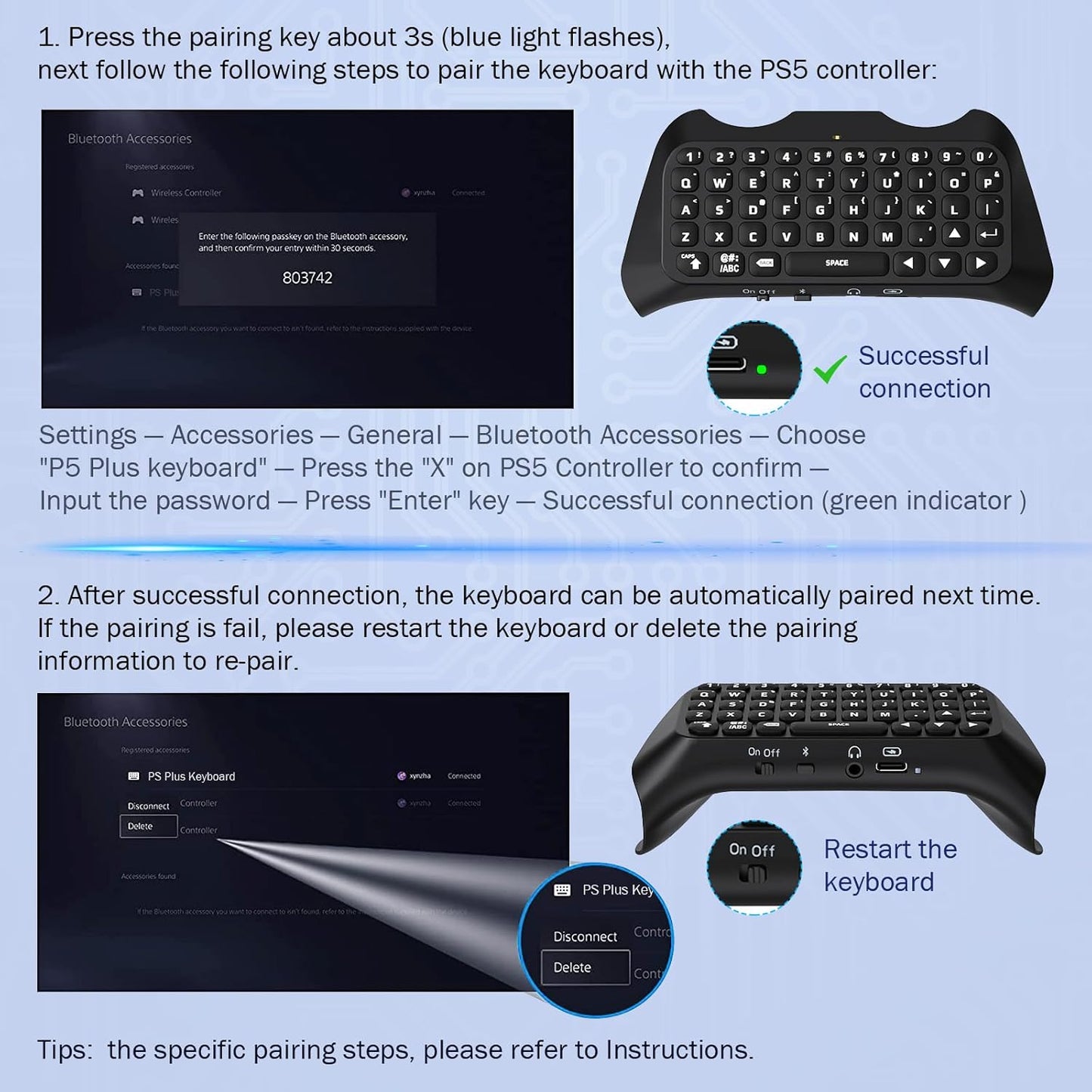 Moko Teclado Inalámbrico Para Mando PS5 Con Retroiluminación Verde, Mini Bluetooth Teclado Controlador Con 47 Teclas Chatpad, Altavoz Integrado Y Conector 3,5 Mm Audio Compatible Con Accesorios PS5