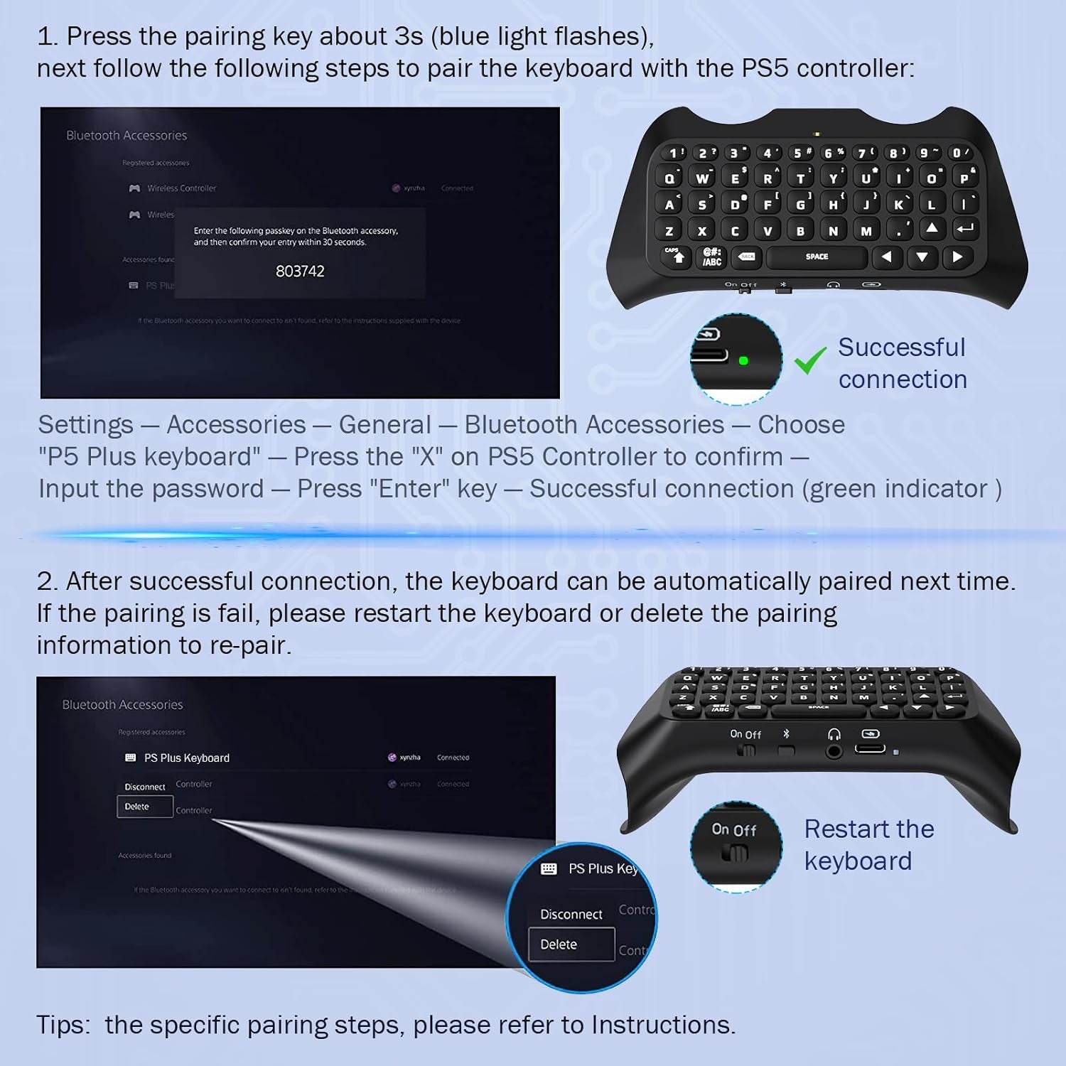 Moko Teclado Inalámbrico Para Mando PS5 Con Retroiluminación Verde, Mini Bluetooth Teclado Controlador Con 47 Teclas Chatpad, Altavoz Integrado Y Conector 3,5 Mm Audio Compatible Con Accesorios PS5