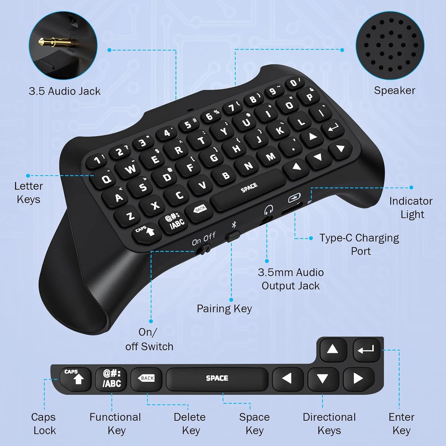 Moko Teclado Inalámbrico Para Mando PS5 Con Retroiluminación Verde, Mini Bluetooth Teclado Controlador Con 47 Teclas Chatpad, Altavoz Integrado Y Conector 3,5 Mm Audio Compatible Con Accesorios PS5