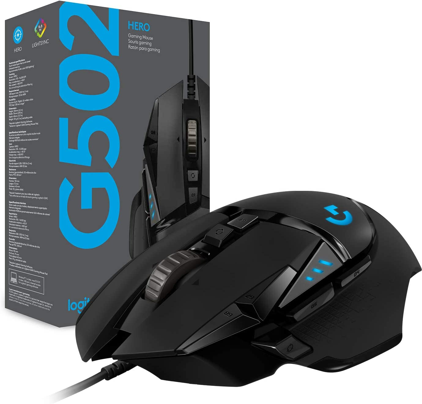Logitech G502 HERO Ratón Gaming Con Cable Alto Rendimiento, Captor HERO 25K, 25,600 DPI, RGB, Peso Personalizable, 11 Botones Programables, Memoria Integrada, Pc/Mac - Negro