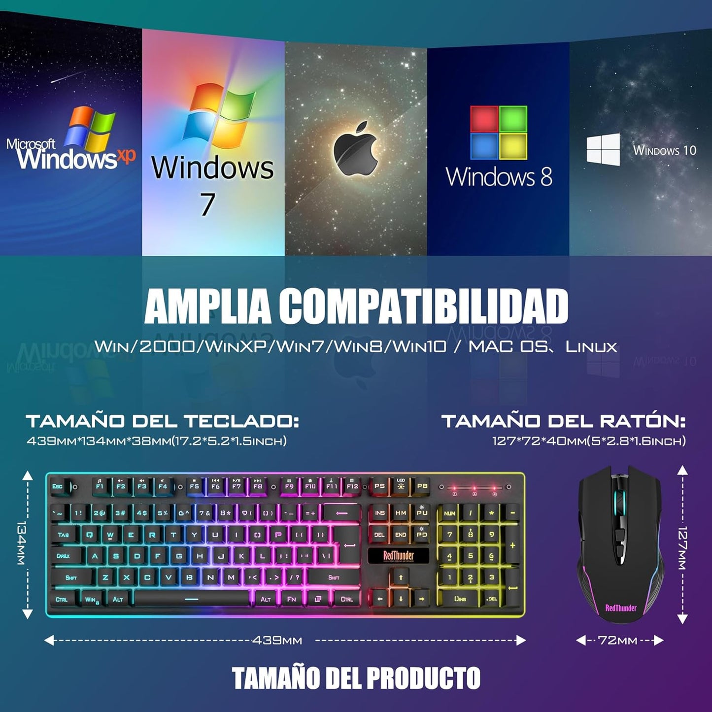 Redthunder K10 Teclado Gaming Sensación Mecánico Lnalámbrico,Retroiluminación Led,Batería Recargable De 3800 Mah, Anti-Ghosting+Ratón 7D 3200Dpi,Disposición Es,Para Pc/Ps5/Xbox-Negro