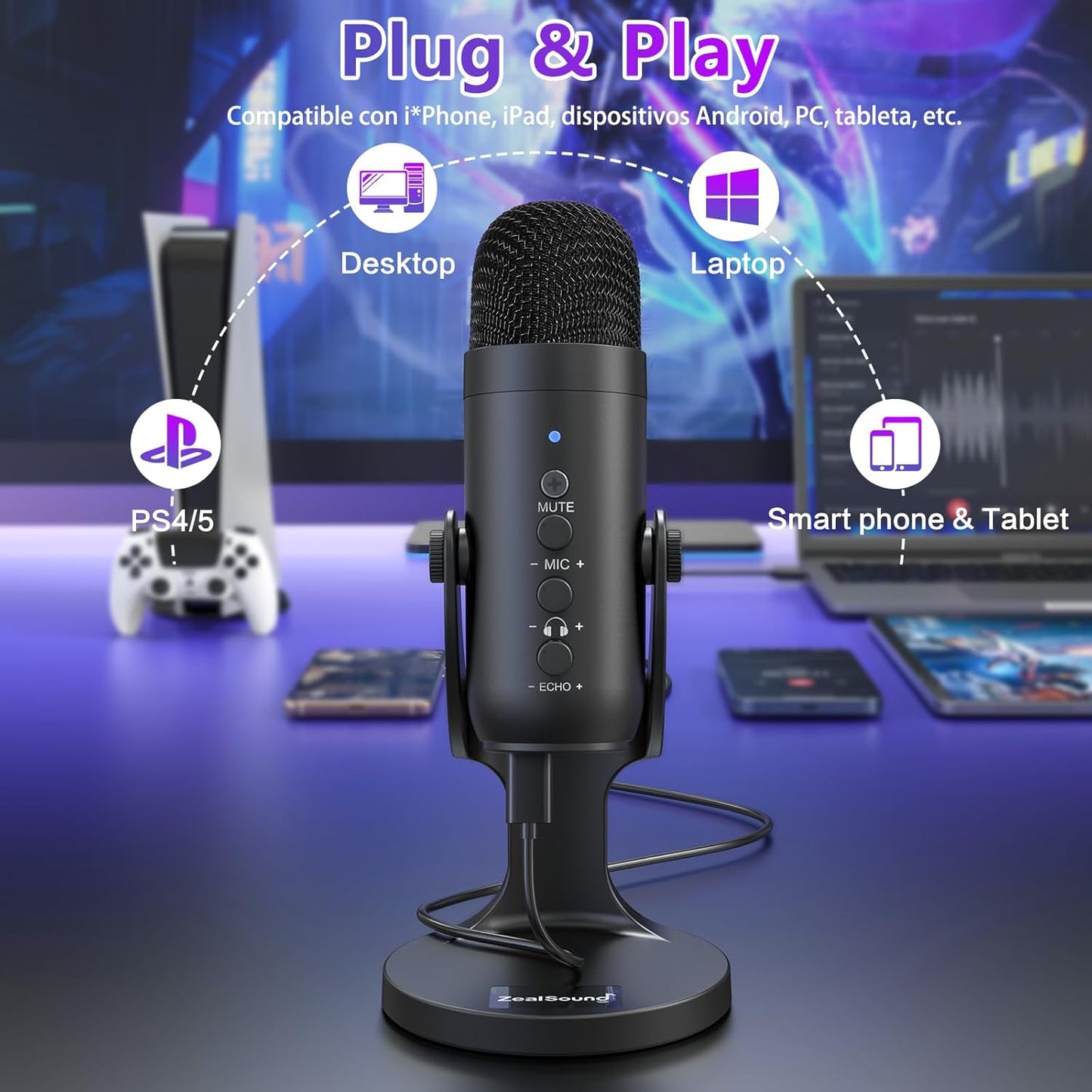 Zealsound Micrófono Condensador,Micrófono PC Usb,Micrófono Gaming, Adaptador Teléfono Para *Phone, Micrófono De Grabación Profesional,Silencio,Reducción De Ruido,Estúdio/Youtuber/Streaming/Podcast