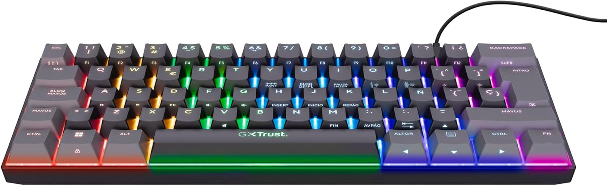 Trust Gaming GXT 867 Acira Teclado Mecánico 60% Español QWERTY, Teclas De Doble Función, Iluminación RGB, Mini Teclado Gaming Compacto Programmable Con Cable USB PC Portátil - Negro/Gris