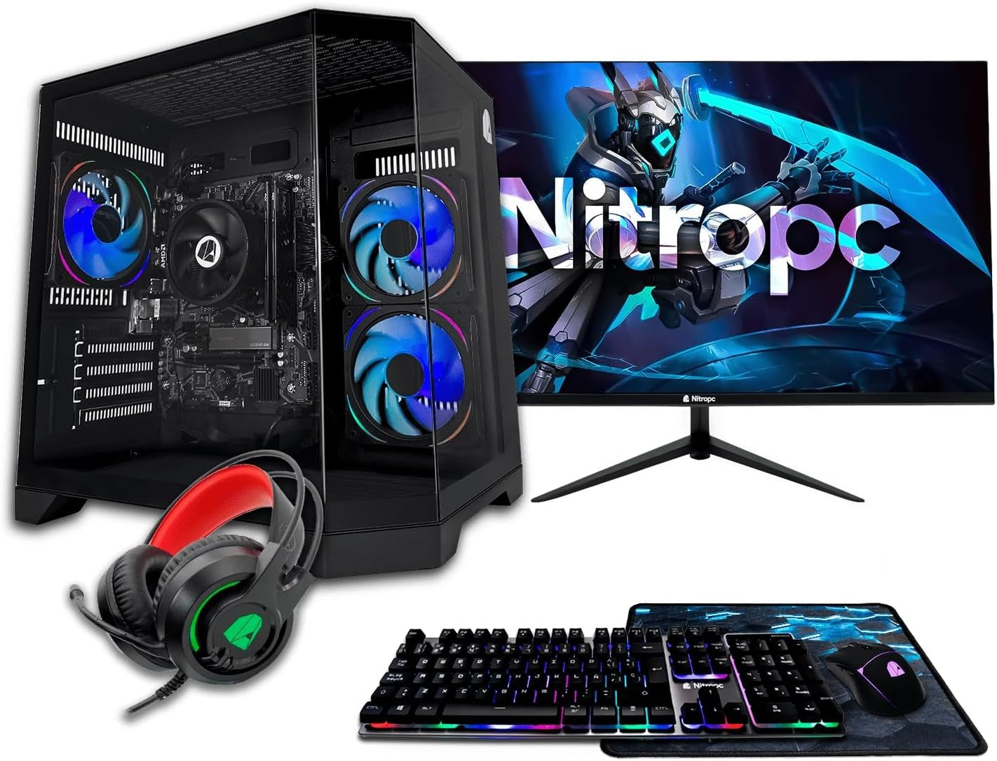 Nitropc - Pack Bronze | PC Gaming Completo (AMD Ryzen 5 4650G 6/12 4.2Ghz, RX Vega 7, RAM 16GB, M.2 1TB, Windows 11 | Wifi, Monitor 24", Teclado, Ratón, Auriculares) Ordenador Sobremesa (Negro)