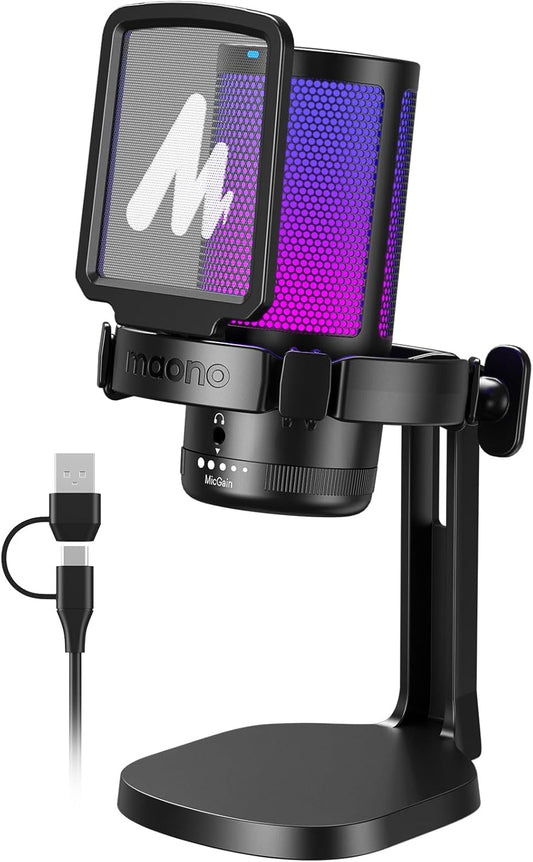 MAONO Micrófono Gaming, USB Micrófono Condensador Con Cancelación De Ruido Para Streaming Podcast Studio, Compatible Con Ps5/Ps4/Mac Con Luces RGB Controlables, Botón De Silencio, Control De Ganancia