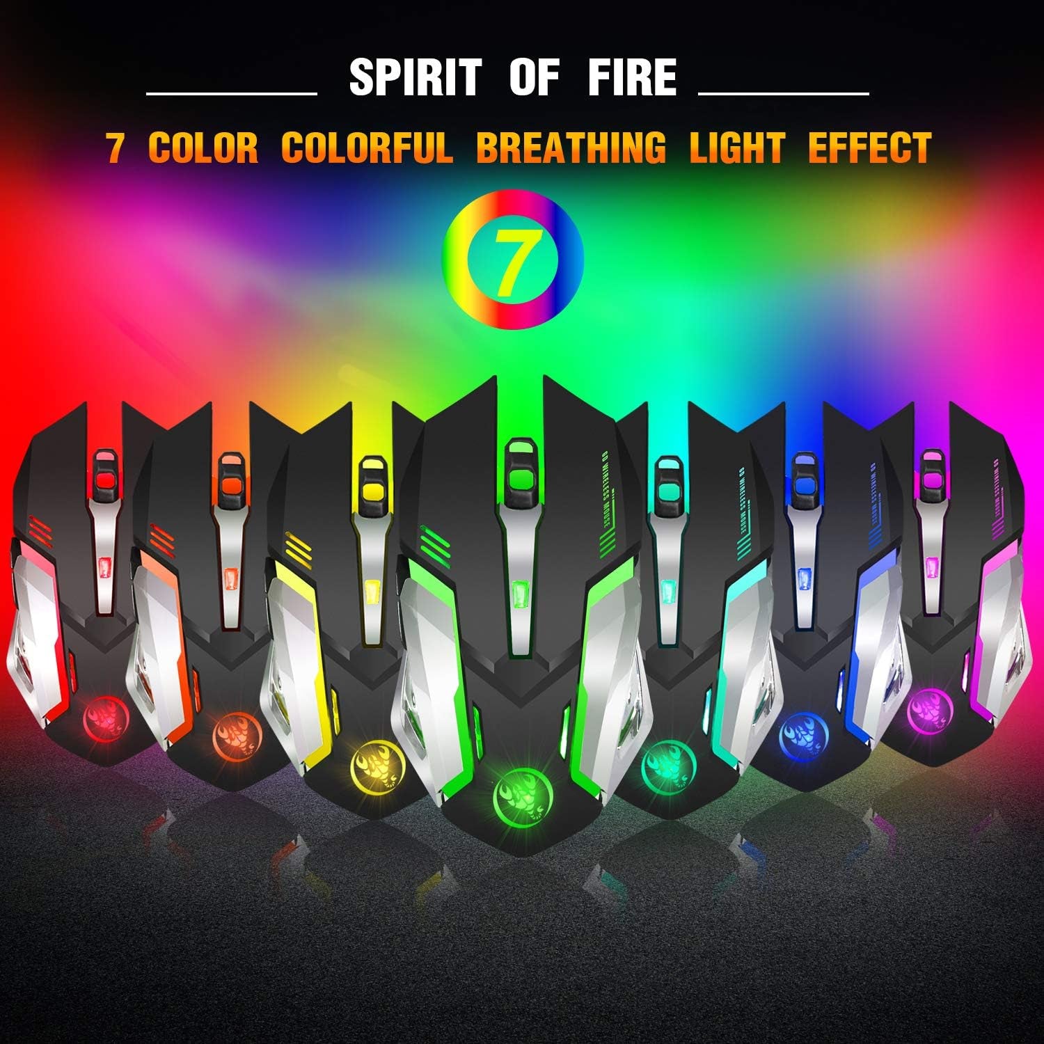 Zienstar-Recargable Ratón Para Gamer Inalámbrico 2.4Ghz Con Receptor USB,7 Colores Retroiluminado-Negro Plateado