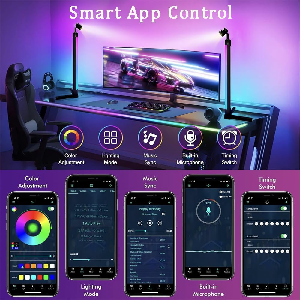 RGB Lightbar 50Cm TV Luz De Fondo USB Operado Lámpara Ambiental 6W Smart Sync Con La Música Y El Control De APP, 360 ° Foco Giratorio, 270 ° Ángulo De Lámpara Para Juegos PC TV Decoración
