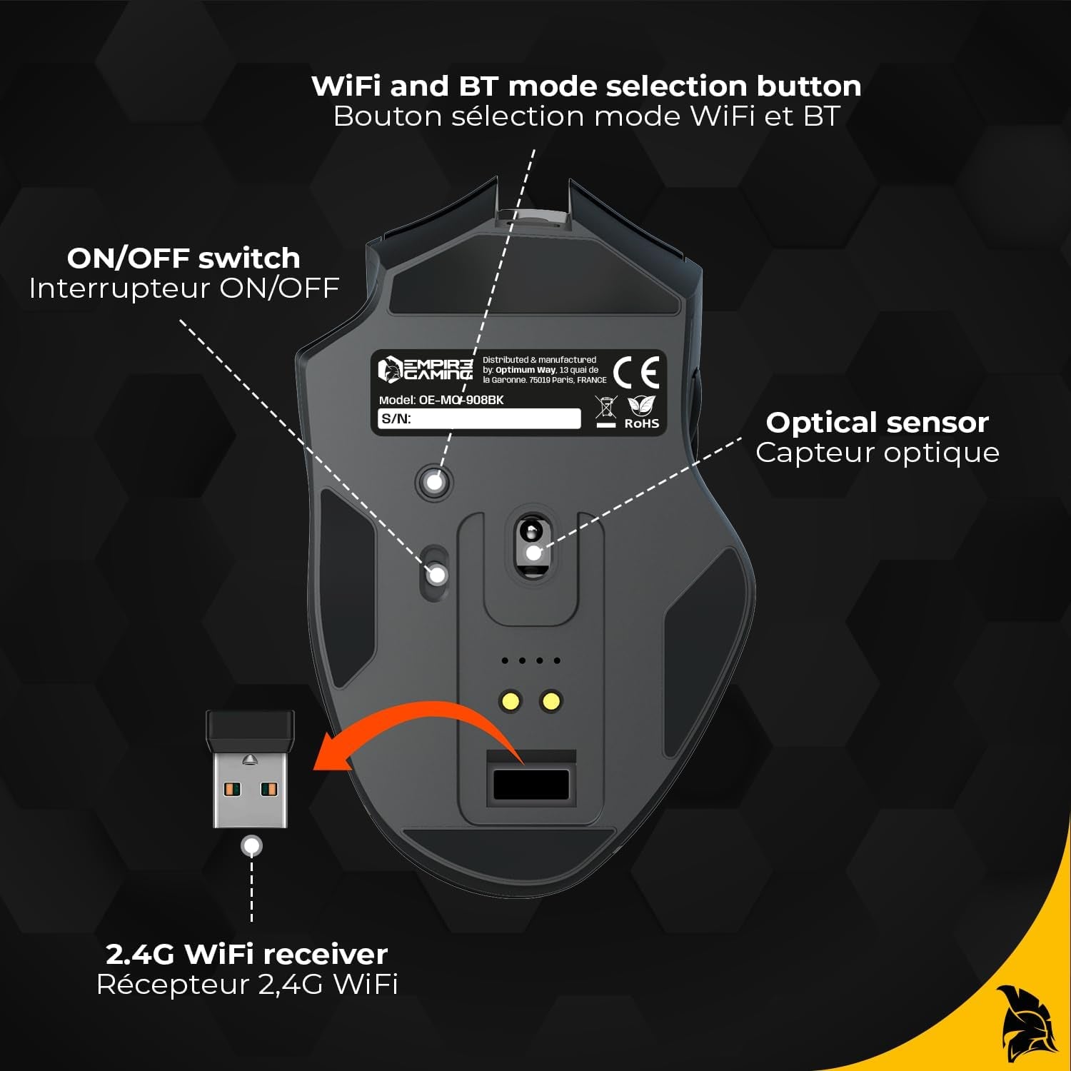 Empire Gaming RF908 - Ratón Inalámbrico Recargable Con Estación De Carga Magnética RGB – 10000 DPI 8 Botones Programables Modos Wifi 2.4 Ghz, Bt/Cable Vía USB-C (Negro)