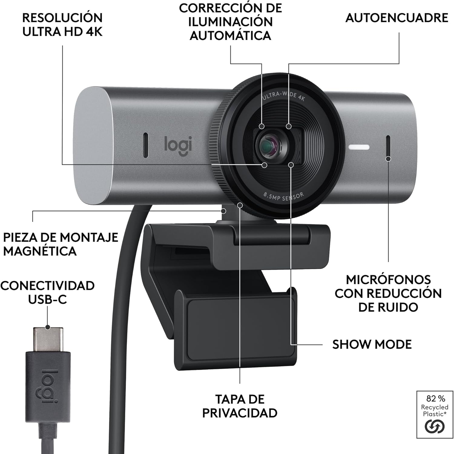 Logitech MX Brio Ultra HD 4K Para Colaboración Y Streaming Cámara Web, 1080P a 60 FPS, Dos Micrófonos Reductores De Ruido, USB-C, Tapa, Compatible Con Microsoft Teams, Zoom, Google Meet, Grafito
