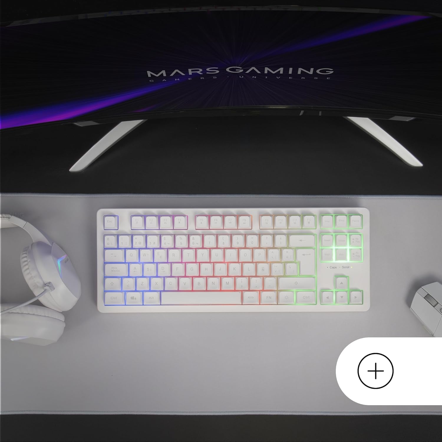 Mars Gaming MK023, Teclado Gaming TKL, Tecnología Híbrida H-Mech, Iluminación FRGB Rainbow, Anti-Ghosting, Compatibilidad Universal, Blanco, Idioma Español