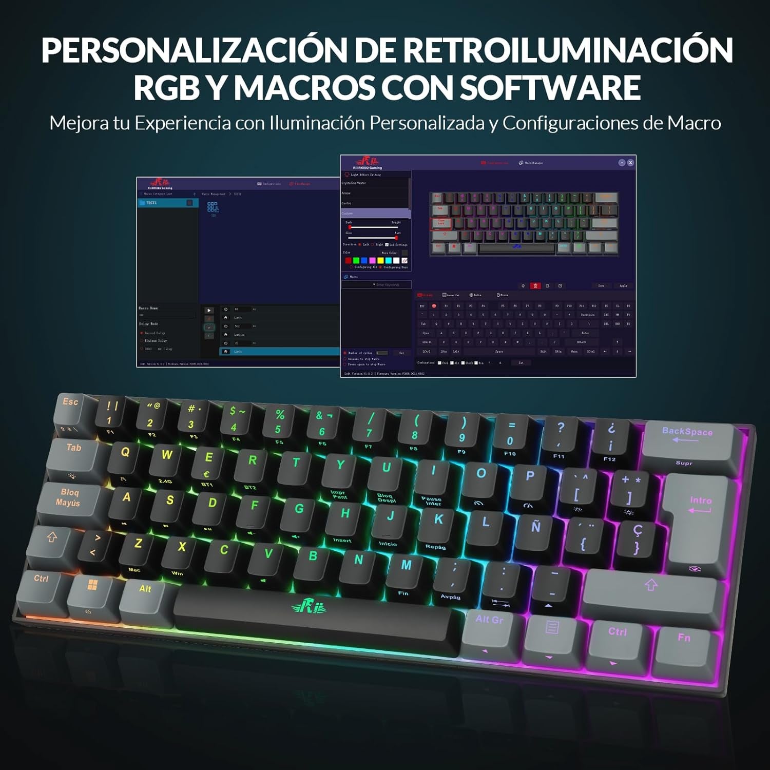 RK802 Teclado Gaming Mecánico, 3 Modos De Conectividad, Retroiluminación RGB, 60% Layout Español (Interruptores Rojos)
