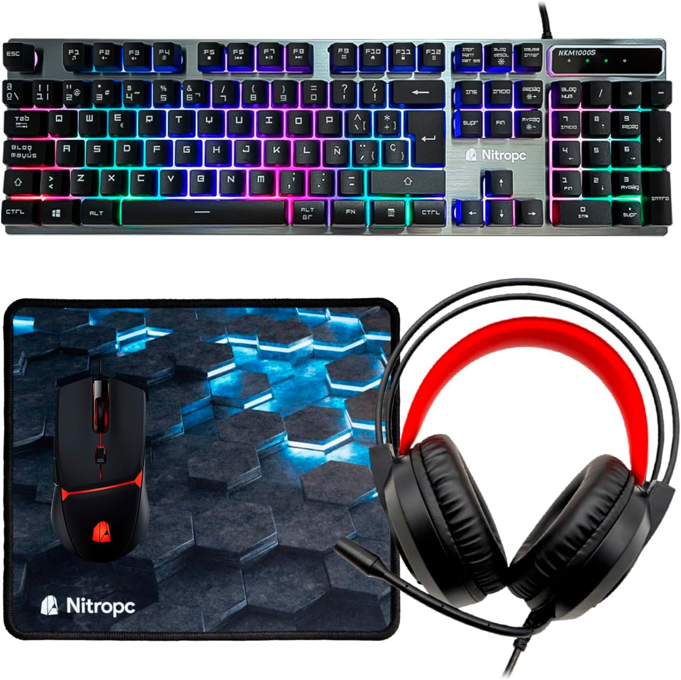 Nitropc - Pack Bronze | PC Gaming Completo (AMD Ryzen 5 4650G 6/12 4.2Ghz, RX Vega 7, RAM 16GB, M.2 1TB, Windows 11 | Wifi, Monitor 24", Teclado, Ratón, Auriculares) Ordenador Sobremesa (Negro)
