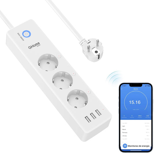 Ghome Smart Regleta Inteligente Alexa Con 3 Enchufes Y 3 USB, Regleta Wifi Programable Con Monitoreo De Consumo, Smart Plug Función De Temporizador, Compatible Con Alexa Y Google Home, 1.5M Ver2.0