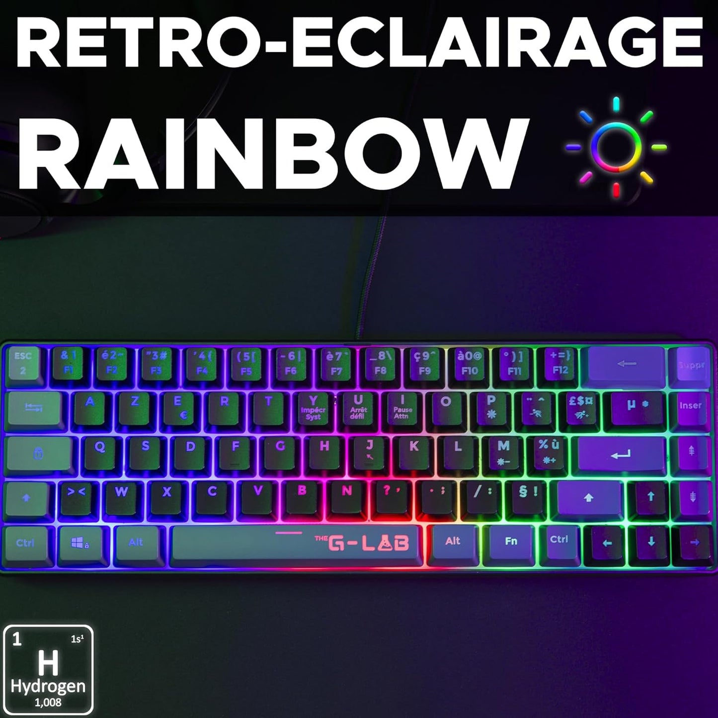 The G-Lab Keyz Hydrogen - Teclado Gaming AZERTY – Idioma Frances - Teclado Para Juegos Semi Mecanico - Teclado Gamer 60%, Retroiluminación Multicolor - Mini Teclado Gamer Silencioso, Para PC,PS4,PS5
