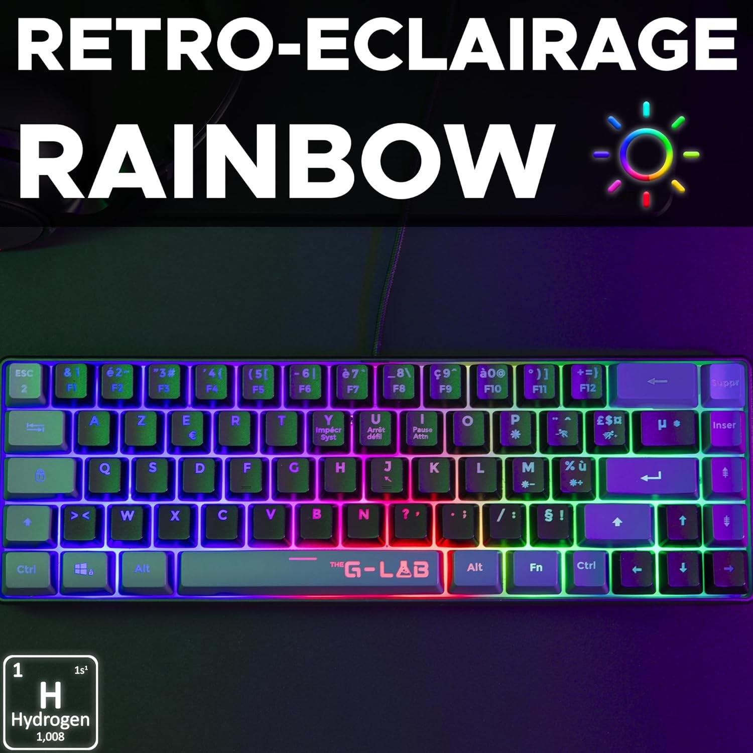 The G-Lab Keyz Hydrogen - Teclado Gaming AZERTY – Idioma Frances - Teclado Para Juegos Semi Mecanico - Teclado Gamer 60%, Retroiluminación Multicolor - Mini Teclado Gamer Silencioso, Para PC,PS4,PS5