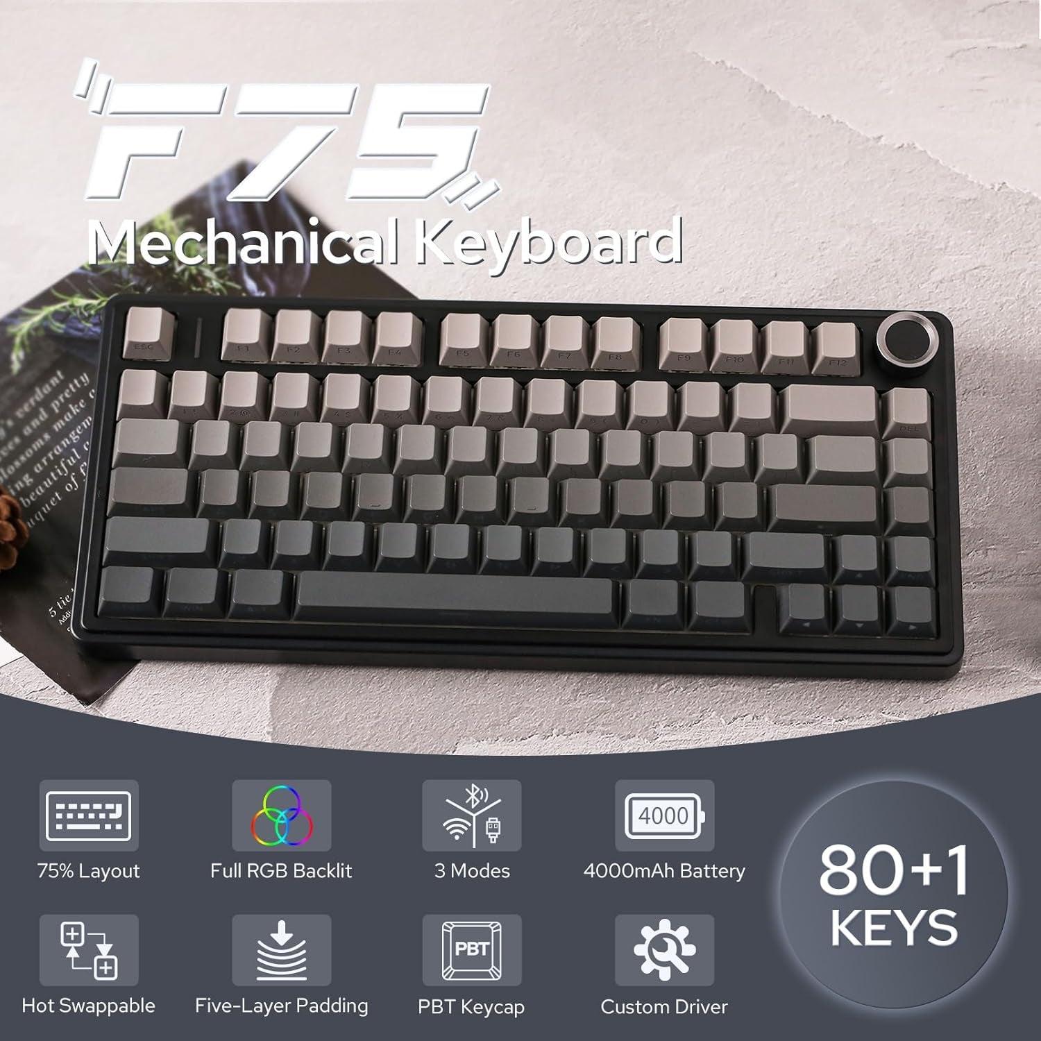 EPOMAKER X Aula F75 Teclado Mecánico Gasket, Para Juegos 75% Intercambiable En Caliente, Acolchado De 5 Capas, Botones, Bluetooth, Inalámbrico, USB-C, RGB (Gradiente Negro, Interruptor LEOBOG Reaper)