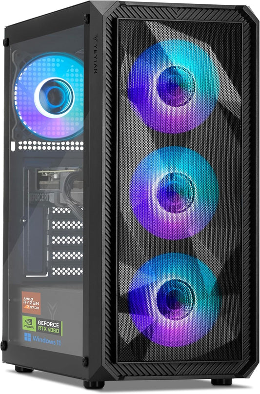 YEYIAN Ordenador PC Gaming AMD Ryzen 7 5700 8 Cores a 4.6 Ghz Y Nvidia Geforce RTX 4060 8GB | 16GB DDR4 3200Mhz | 1TB SSD Nvme Gen3 | Wifi 6 + BT 5.2 | Ethernet | Win 11 Pro