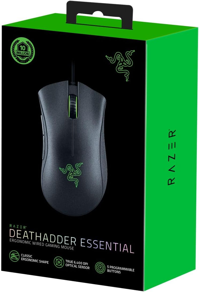 Razer Deathadder Essential - Ratón Gaming Con Sensor Óptico, 6400 DPI (5 Botones Programables, Interruptores Mecánicos, Agarres Laterales De Goma), Negro