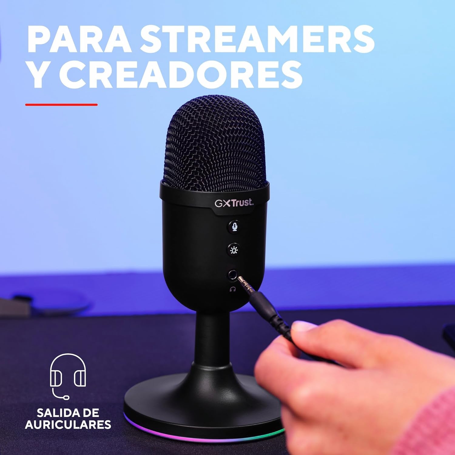 Trust Gaming GXT 236 Yami Micrófono PC USB Para Streaming Podcast Twitch Discord ASMR Youtube Playstation 5 Juegos, Micrófono De Condensador Cardioide, Micro Con Iluminación LED RGB - Negro