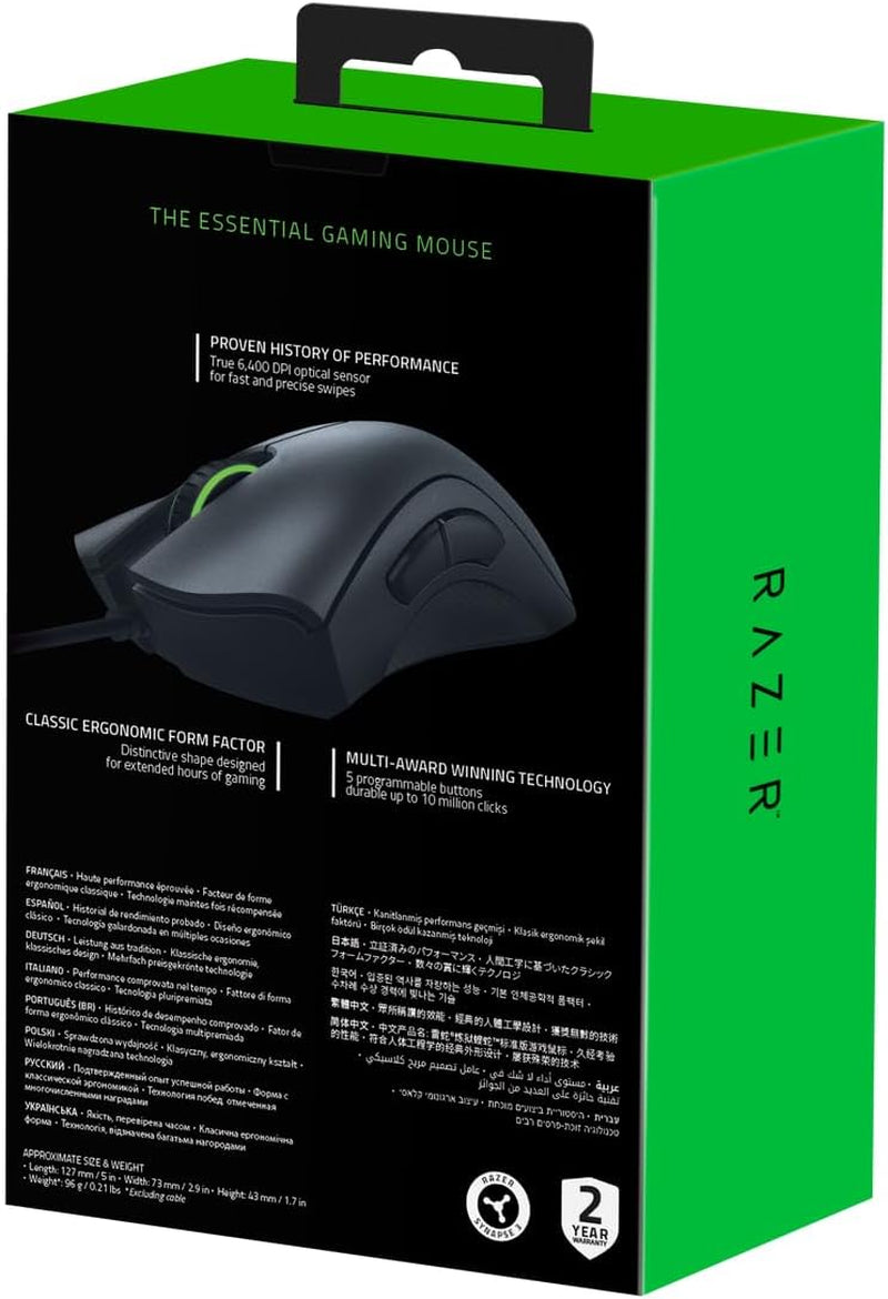 Razer Deathadder Essential - Ratón Gaming Con Sensor Óptico, 6400 DPI (5 Botones Programables, Interruptores Mecánicos, Agarres Laterales De Goma), Negro