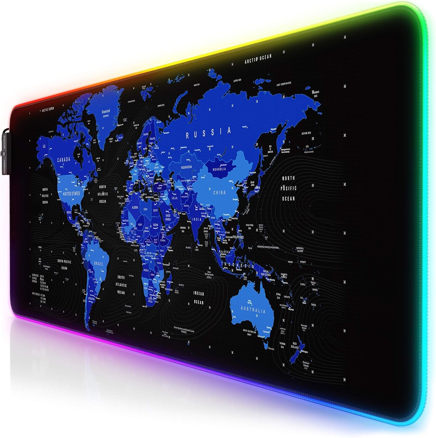 Titanwolf - Alfombrilla De Ratón RGB Para Videojuegos, 800 X 300 Mm, XXL, LED Multicolor, 7 Colores LED Y 4 Modos De Efecto, Para Precisión Y Velocidad, Base De Goma, Lavable, Mapa Del Mundo Azul
