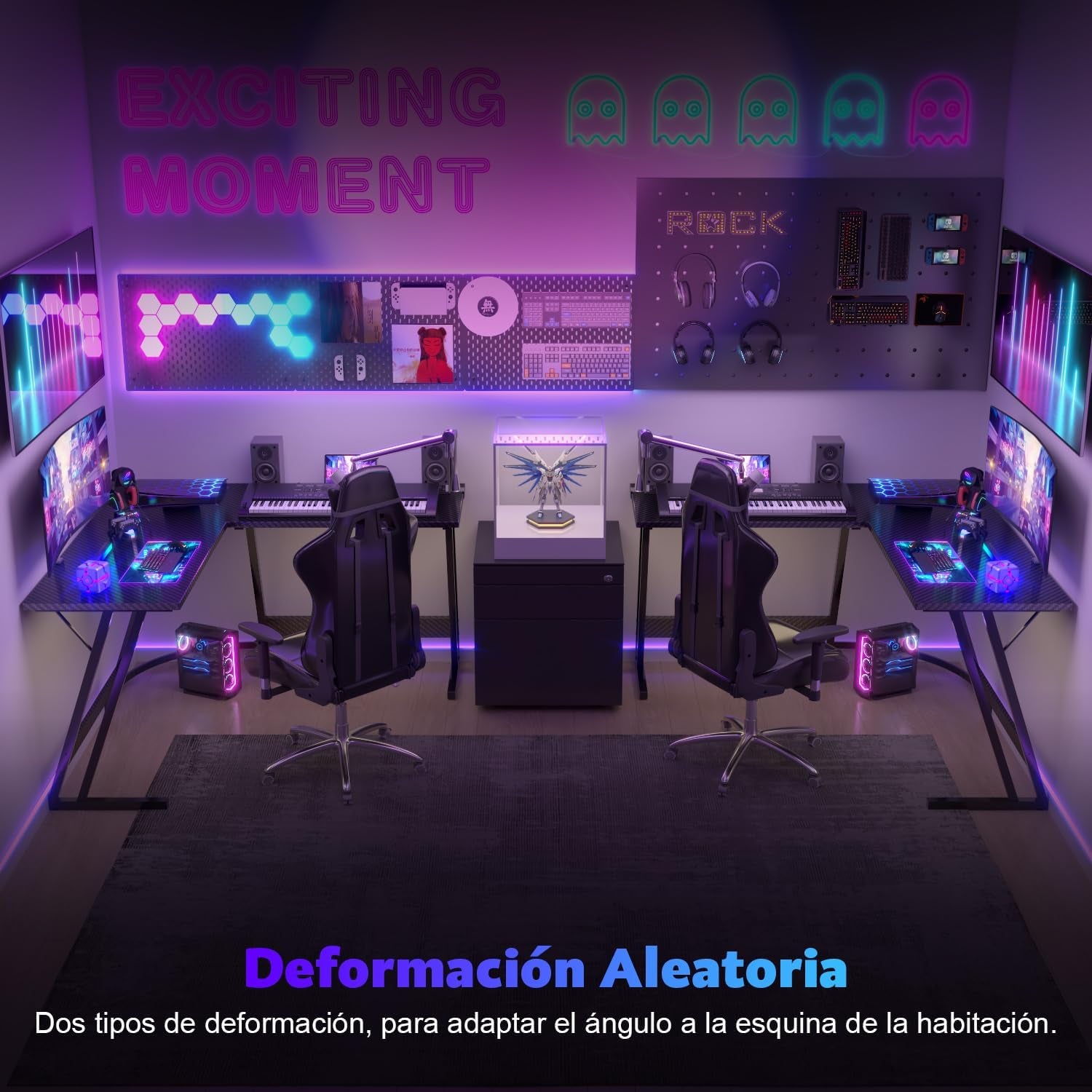 Devoko Escritorio Gaming De Esquina,120 X 120Cm,Escritorio Gamer En Forma De L Con Soporte De Monitor, Para Estudio,Oficina,Gaming,Dormitorio(Carbono Negro)