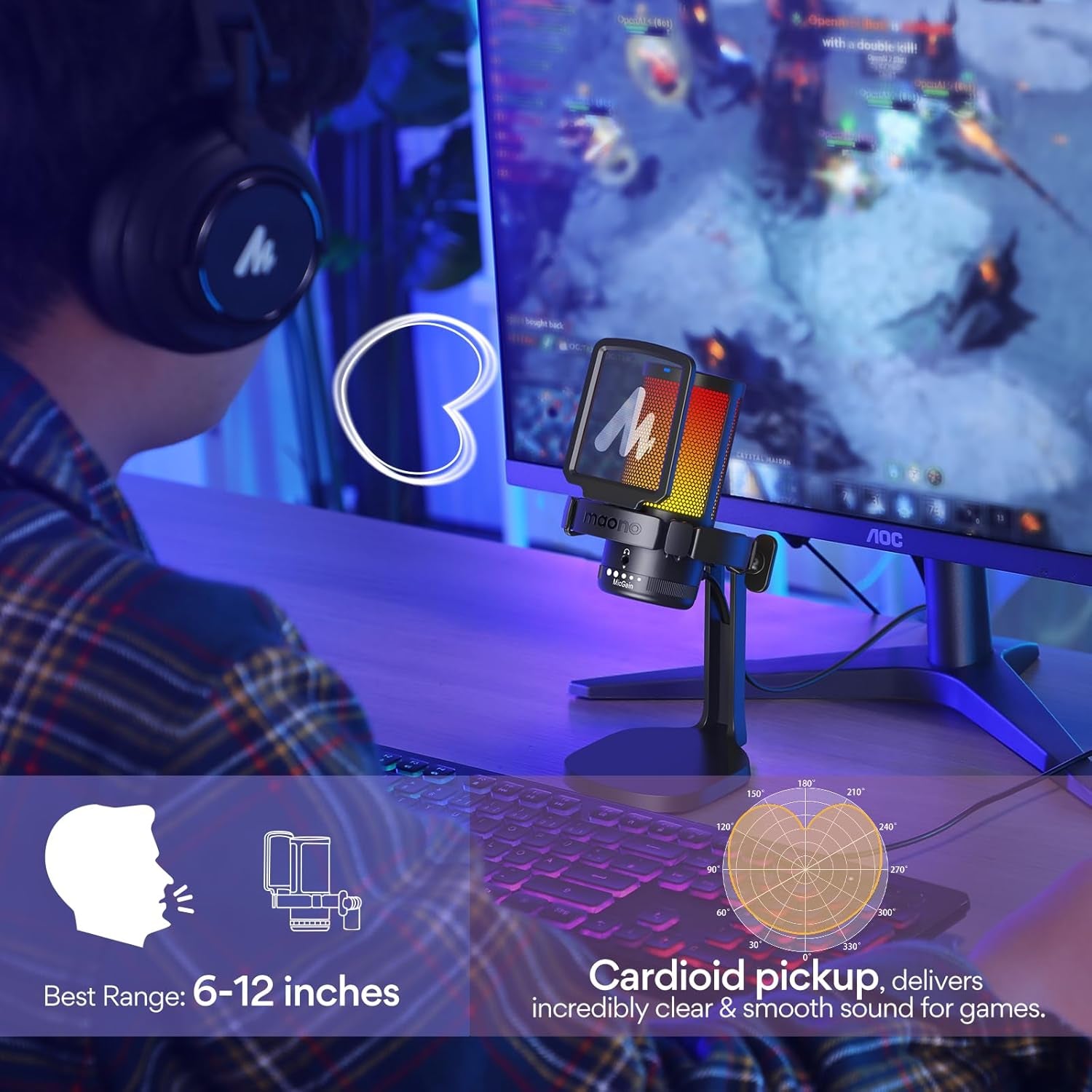 MAONO Micrófono Gaming, USB Micrófono Condensador Con Cancelación De Ruido Para Streaming Podcast Studio, Compatible Con Ps5/Ps4/Mac Con Luces RGB Controlables, Botón De Silencio, Control De Ganancia