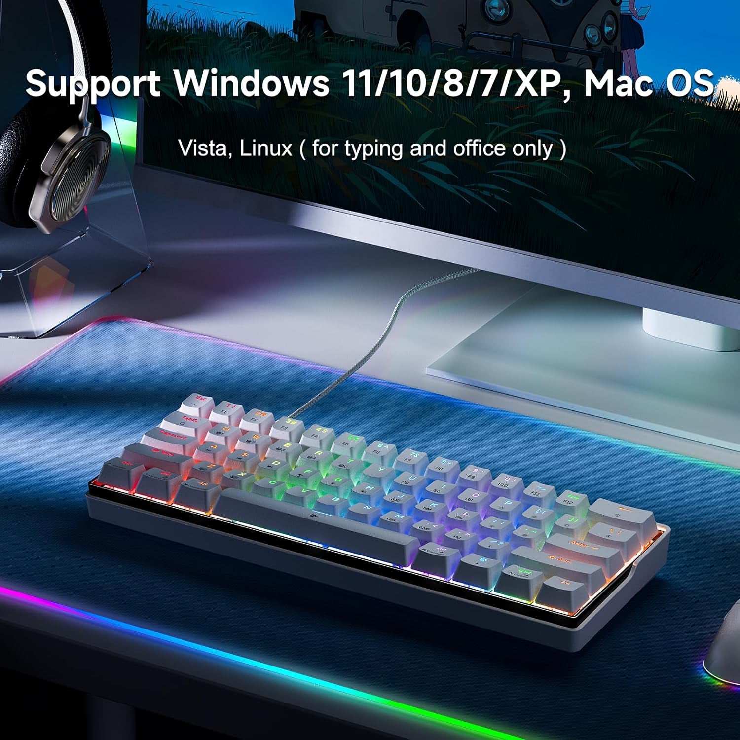 K61SE Teclado Mecánico Gaming, 60% Teclado Compacto De 61 Teclas RGB Retroiluminación N-Key Rollover USB Cable Teclado Oficina Con Interruptor Rojo Para Mac Windows-Us Layout, Blanco