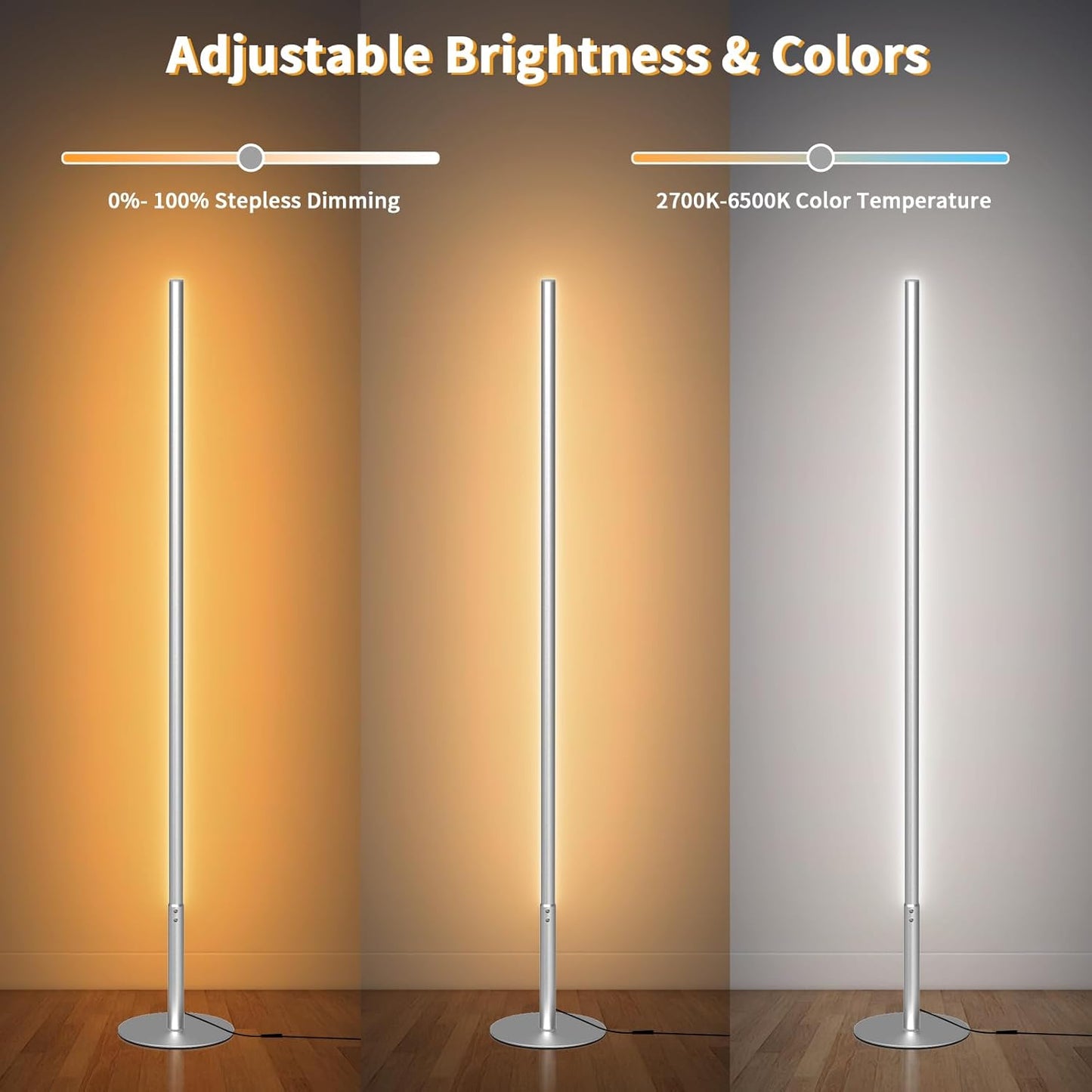 Lámpara De Pie LED, Moderna Lámpara De Pie Salon Regulable Luz Esquina Con Control Remoto, Atenuación Continua Brillo Y Colores 2700K-6500K Función Memoria Columna Luz Para Dormitorio, 147CM