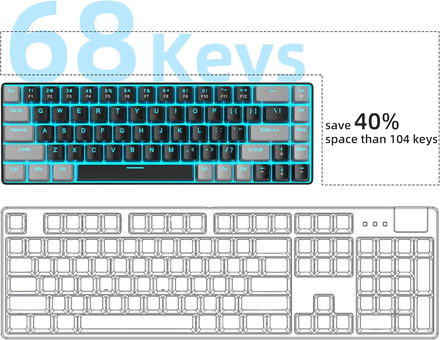 Teclado Mecánico De 60 Por Ciento Para Juegos, Minimalista Mk-Box Retroiluminado Azul Compacto De 68 Teclas Con Cable De Oficina Con Interruptor Rojo Para Windows, Mac, Conveniente (Gris Y Negro)