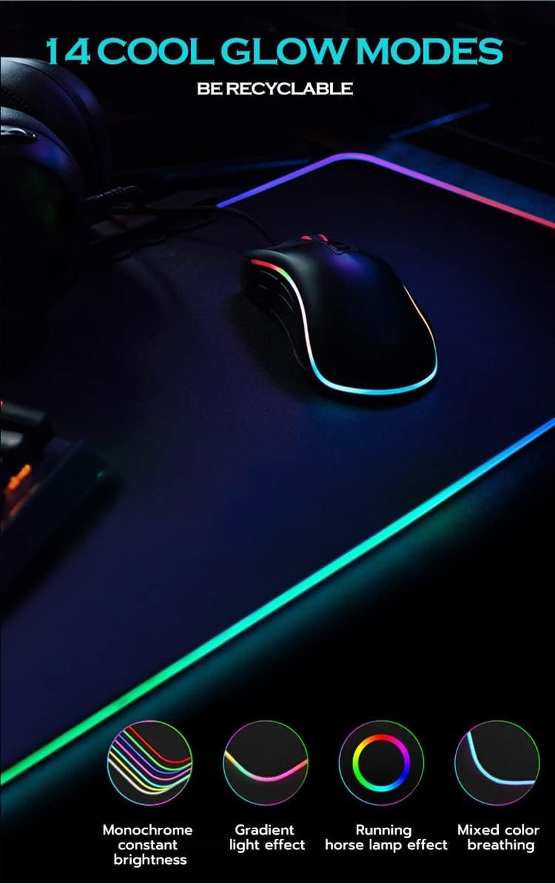 Alfombrilla Ratón RGB, Tapete De Juego Extra Grande, Alfombrilla Raton XXL LED 13 Efectos De Iluminación, Alfombrilla Ratón Gaming Para Gamers, PC Y Portátil (800×300×4Mm)