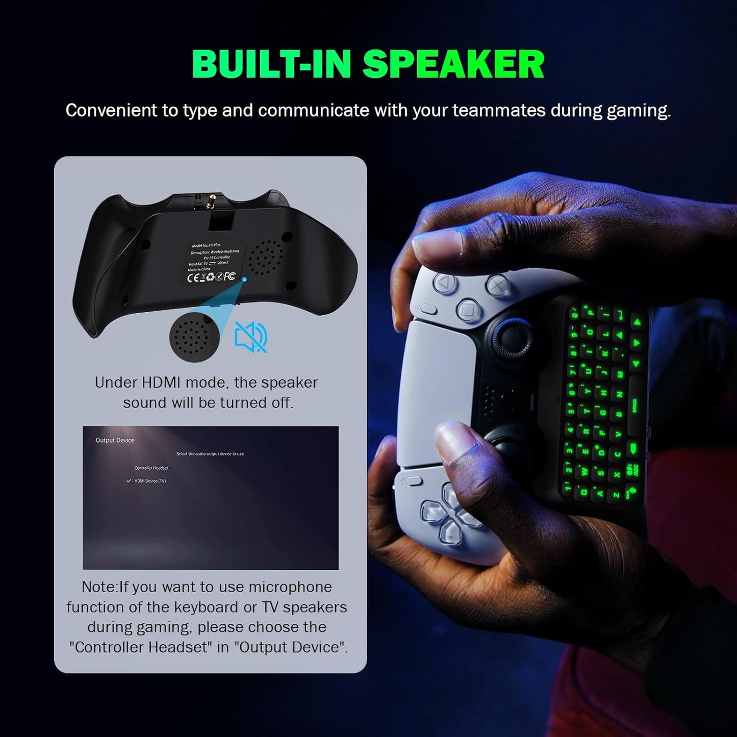 Moko Teclado Inalámbrico Para Mando PS5 Con Retroiluminación Verde, Mini Bluetooth Teclado Controlador Con 47 Teclas Chatpad, Altavoz Integrado Y Conector 3,5 Mm Audio Compatible Con Accesorios PS5