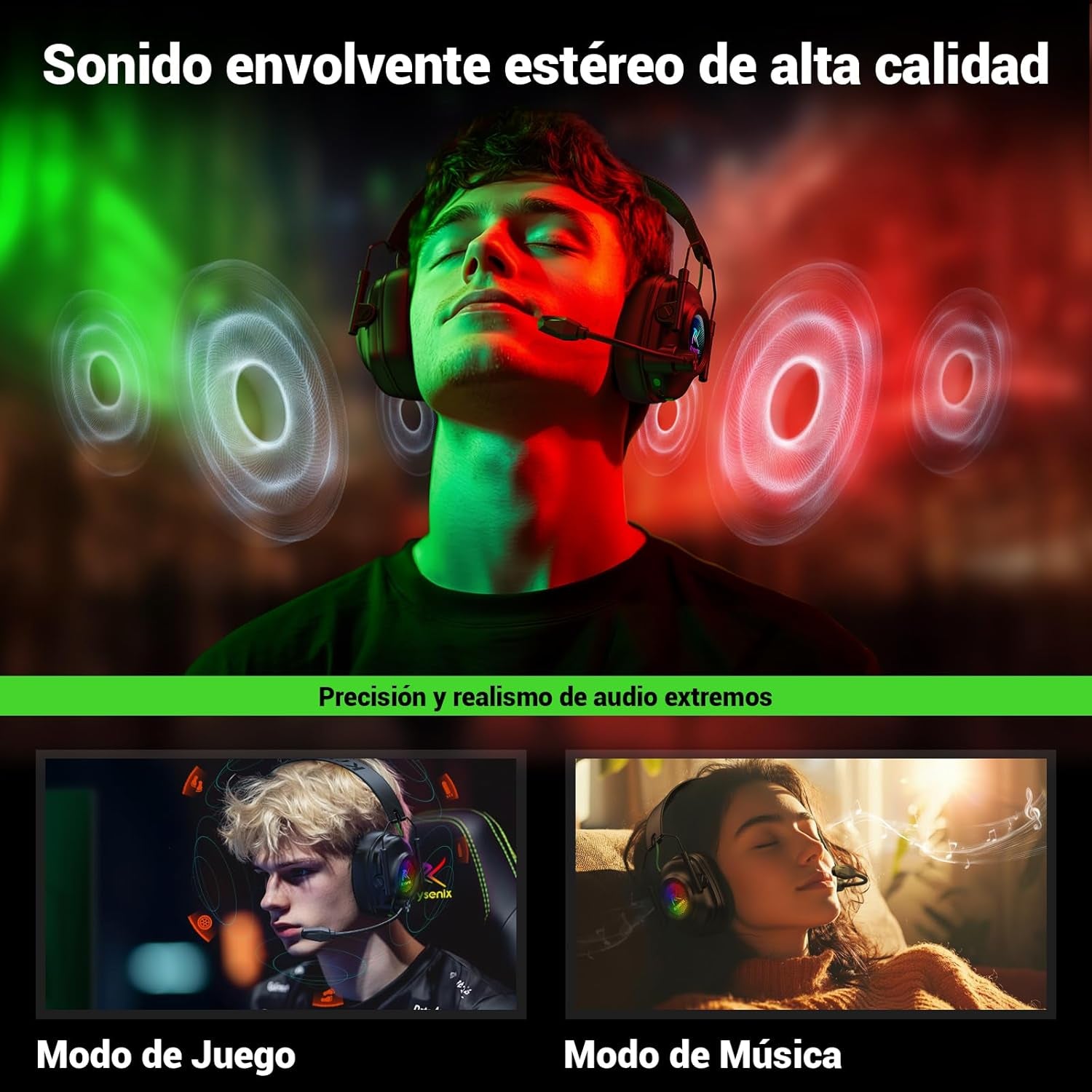 KGH2 Cascos Gaming Inalámbricos, 2.4 Ghz Auriculares Gaming Para PS4, PS5, PC, Mac, Switch, Auriculares Bluetooth Con Micrófono, Cancelación De Ruido, Luz LED Y Duración 40Hr+, Negro