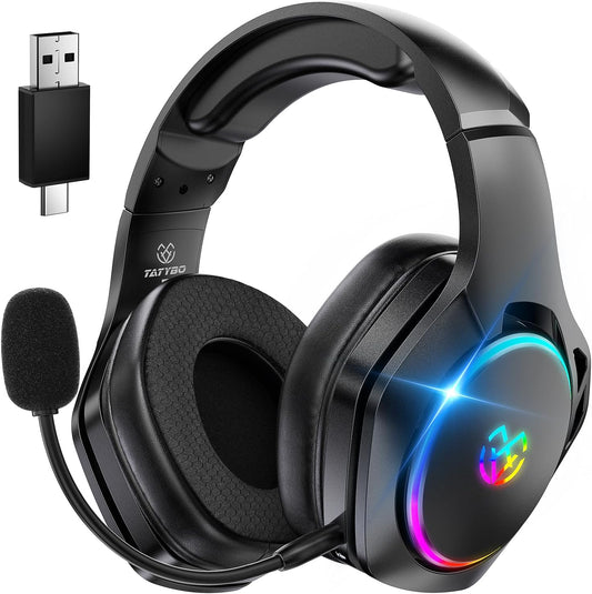 Tatybo Cascos Gaming Inalámbricos Para Pc/Ps5/Ps4, Auriculares Gaming Inalámbricos Con 2,4 Ghz+Bluetooth 5,3 Modo Dual, 7.1 Sonido Envolvente, Duración 40Hr+