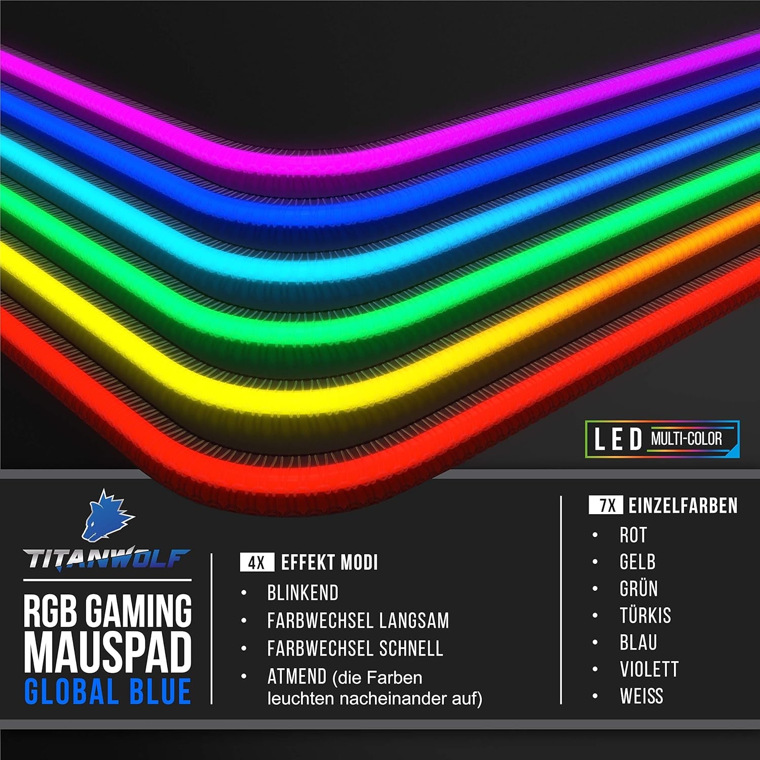 Titanwolf - Alfombrilla De Ratón RGB Para Videojuegos, 800 X 300 Mm, XXL, LED Multicolor, 7 Colores LED Y 4 Modos De Efecto, Para Precisión Y Velocidad, Base De Goma, Lavable, Mapa Del Mundo Azul