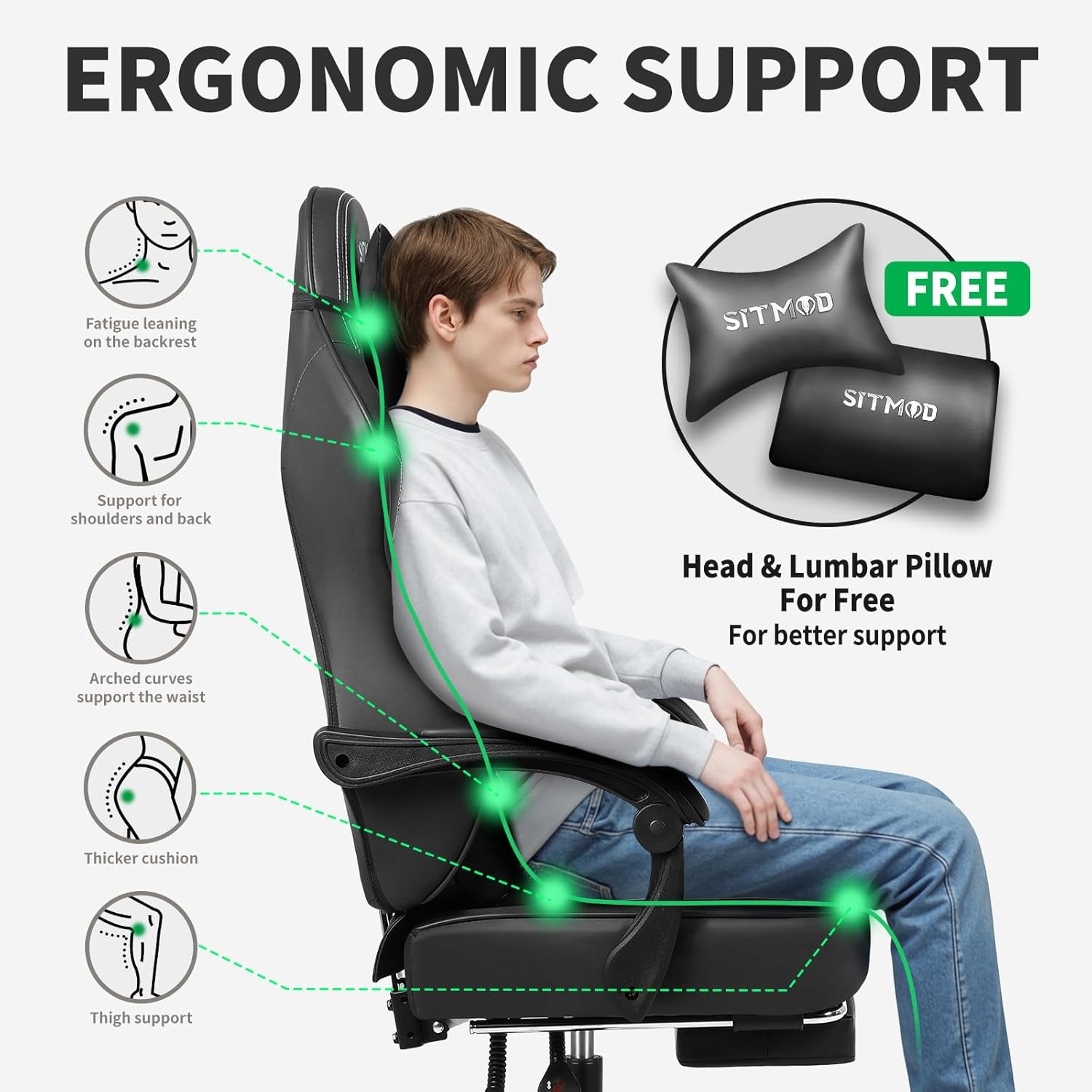 Silla De Juegos Con Reposapiés, Sillas De Trabajo Para Computadora Con Soporte Lumbar Y Reposacabezas, Sillas Grandes Y Altas De Altura Ajustable Con Cojín Giratorio De 360°, Silla De Oficina De Piel