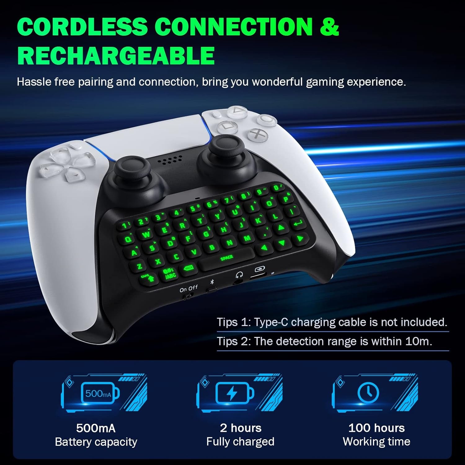 Moko Teclado Inalámbrico Para Mando PS5 Con Retroiluminación Verde, Mini Bluetooth Teclado Controlador Con 47 Teclas Chatpad, Altavoz Integrado Y Conector 3,5 Mm Audio Compatible Con Accesorios PS5