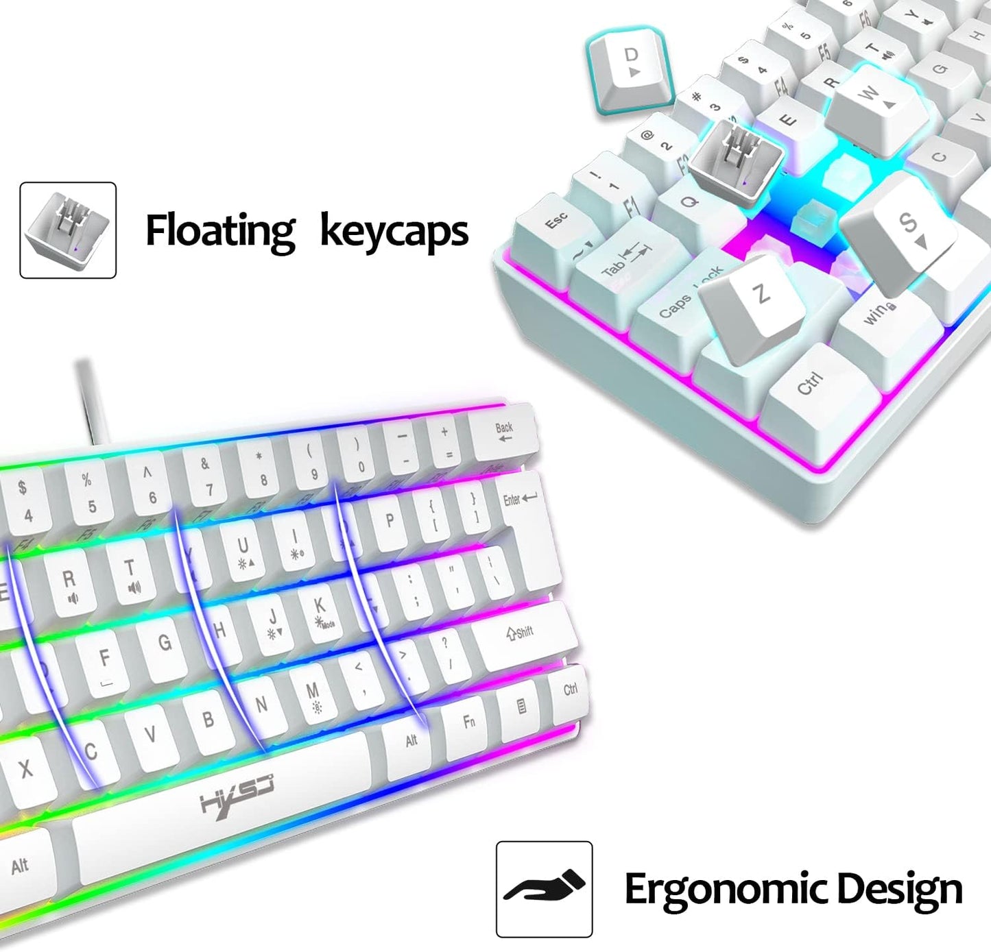 Teclado Compacto Para Juegos 60% Cableado 61 Teclas 11 Efectos De Luz De Fondo RGB Con Teclas Completas Anti-Efecto Fantasma + Ratón De Nido De Abeja Ligero Con Cable De 2400 Ppp+Alfombrilla