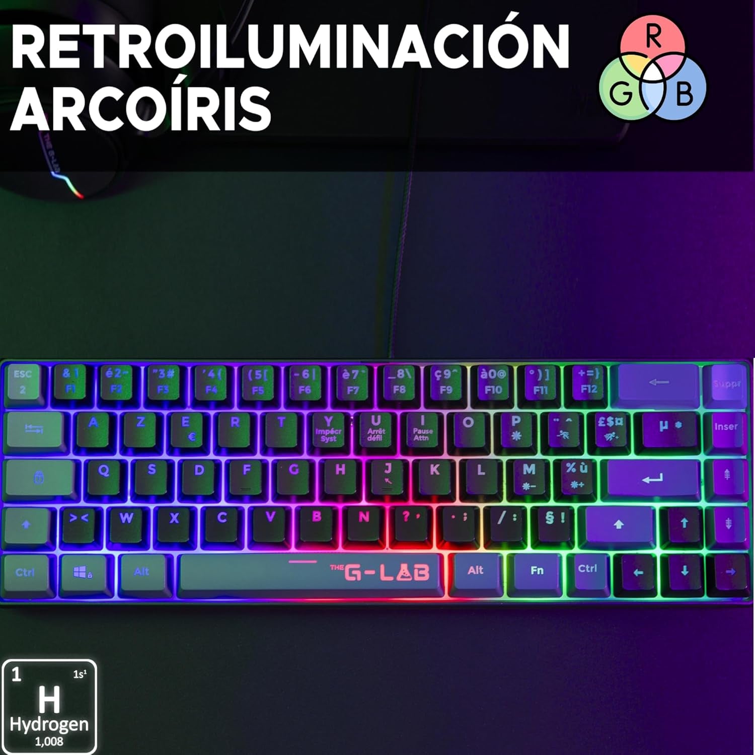 The G-Lab Keyz Hydrogen - Teclado Gaming Qwert - Incluye Ñ - Teclado Para Juegos Semi Mecanico - Teclado Gamer 60%, Retroiluminación Multicolor - Mini Teclado Gamer Silencioso, Para PC,PS4,PS5
