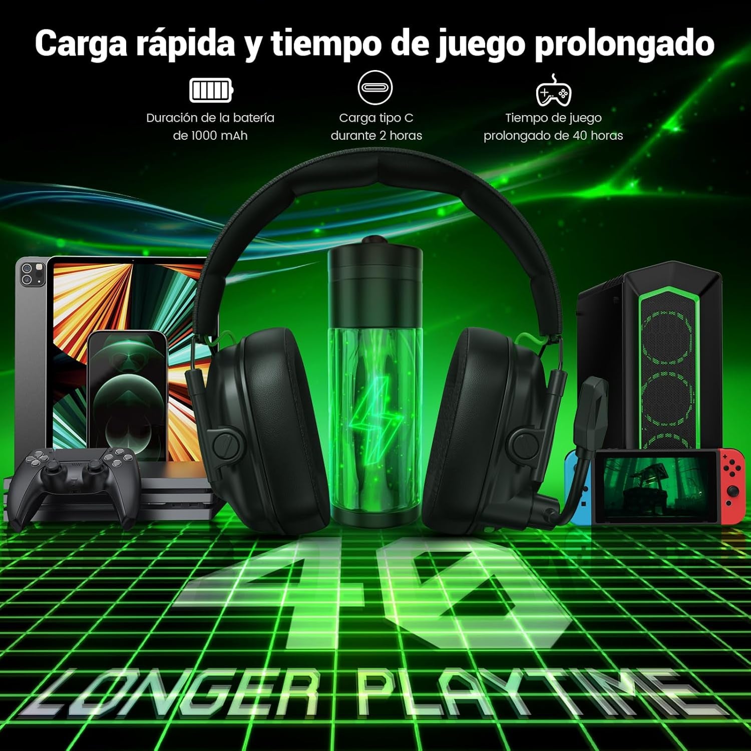 KGH2 Cascos Gaming Inalámbricos, 2.4 Ghz Auriculares Gaming Para PS4, PS5, PC, Mac, Switch, Auriculares Bluetooth Con Micrófono, Cancelación De Ruido, Luz LED Y Duración 40Hr+, Negro