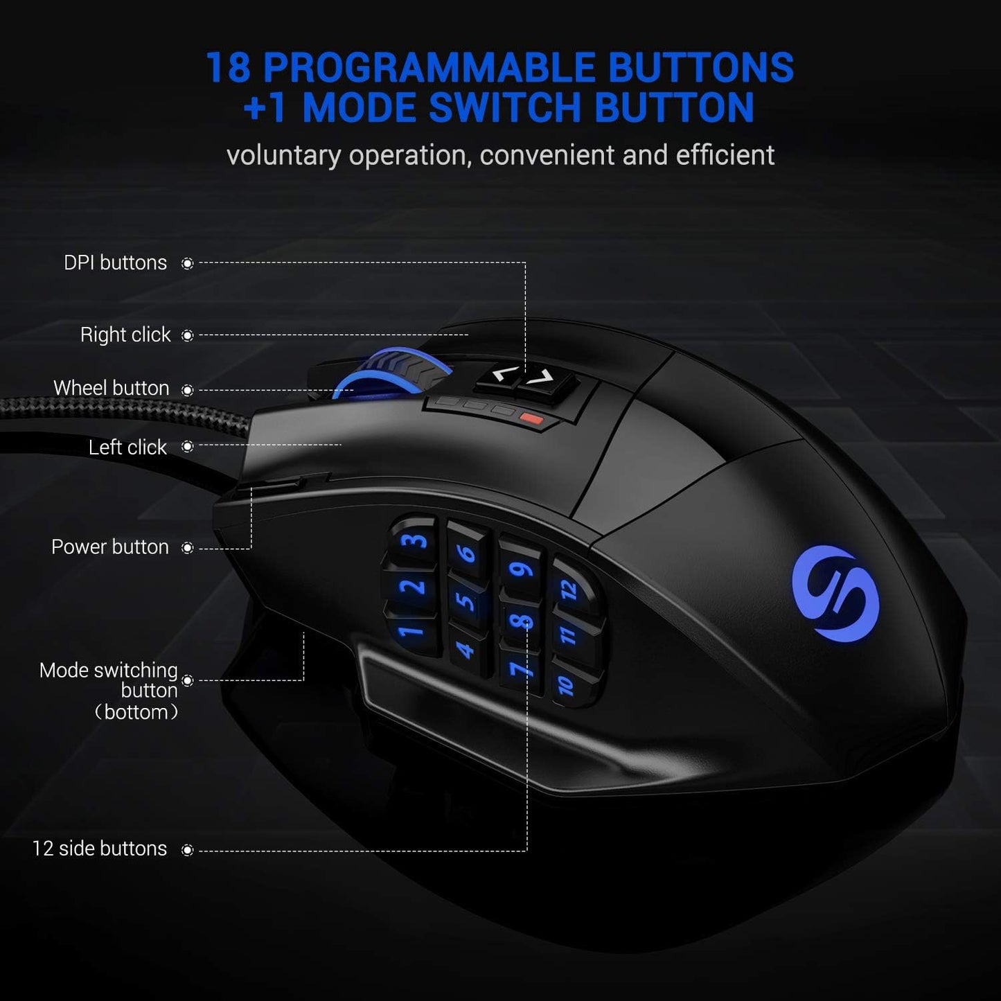 Utechsmart Venus - Ratón Láser USB Para Juegos MMO, De Alta Precisión (18 Botones Programables, 16400 Dpi), Color Negro