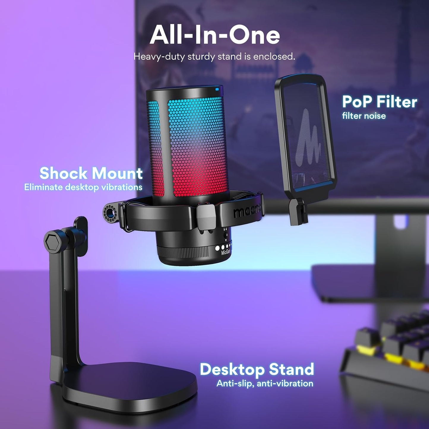 MAONO Micrófono Gaming, USB Micrófono Condensador Con Cancelación De Ruido Para Streaming Podcast Studio, Compatible Con Ps5/Ps4/Mac Con Luces RGB Controlables, Botón De Silencio, Control De Ganancia